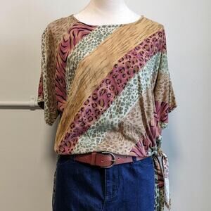 Vintage 90s Striped Animal Print Blouse M Boho Fairycore Tie Waist Top